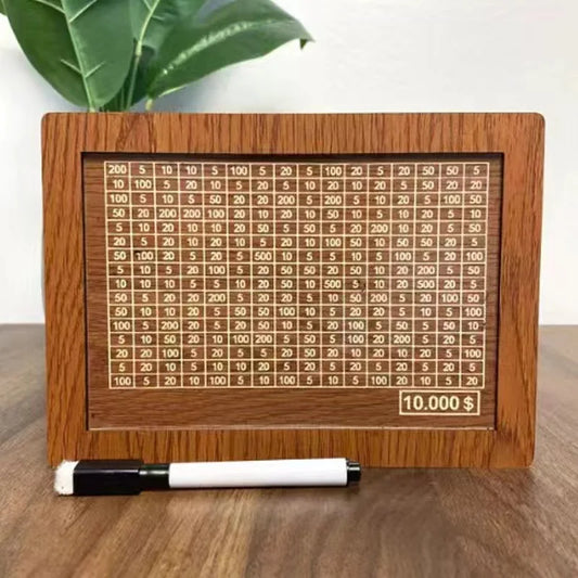 Wooden Piggy Bank Cash Box – Reusable Savings Bank with Goal Tracker & Decorative Figures